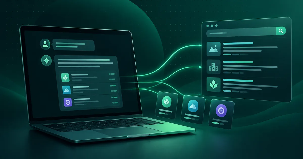 Notebook s AI asistentom, ktorý odporúča firmy, prepojený s výsledkami vyhľadávania