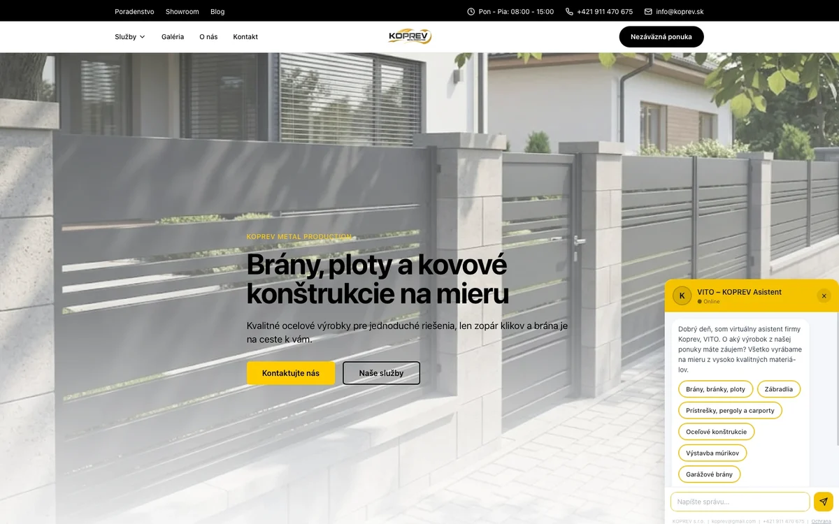 Web KOPREV s otvoreným chatbotom VITO a výberom produktu